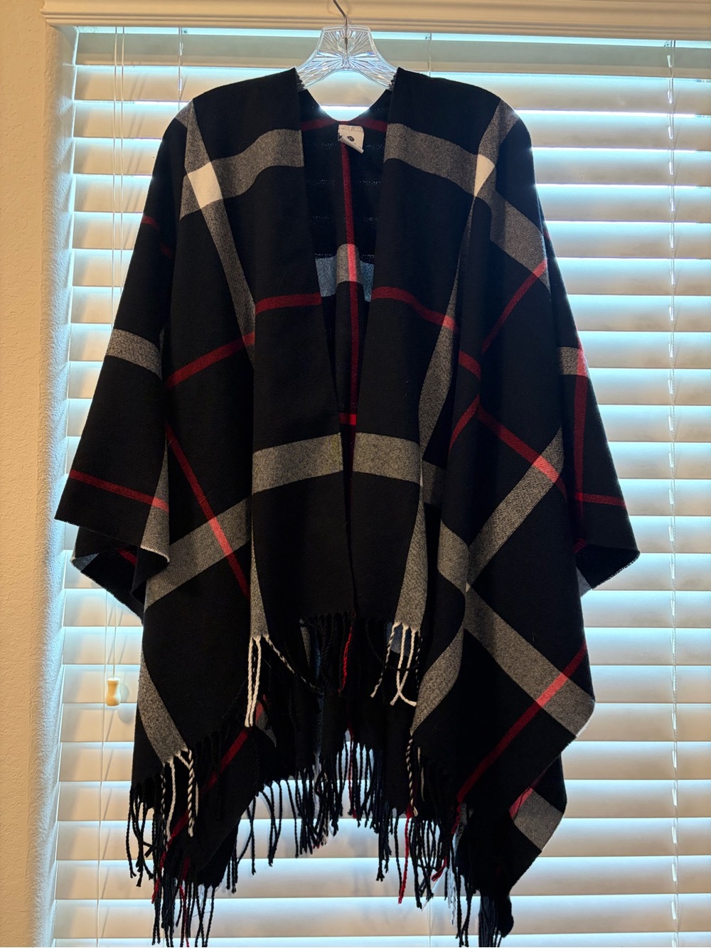 Jessica Black Plaid Fringe Cape with Gray and Red Accents